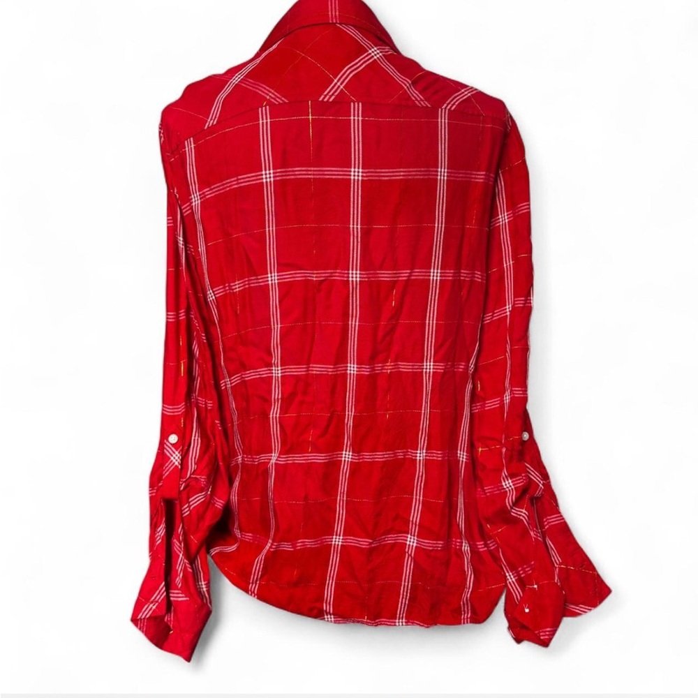 Tommy Hilfiger XL Red Plaid Metallic Roll-Tab Button-Down Shirt Preppy Festive - Picture 6 of 13